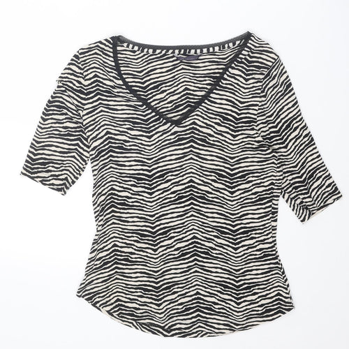 Marks and Spencer Womens Black Animal Print Viscose Basic T-Shirt Size 8 V-Neck - Tiger Print