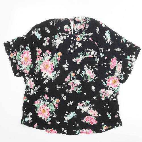 Marks and Spencer Womens Black Floral Viscose Basic Blouse Size 14 Round Neck - Ghost Collection