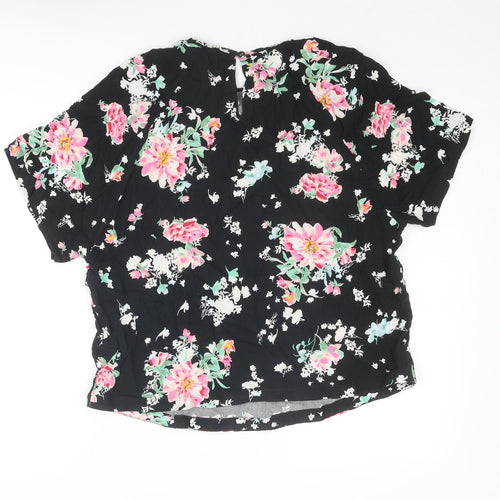 Marks and Spencer Womens Black Floral Viscose Basic Blouse Size 14 Round Neck - Ghost Collection