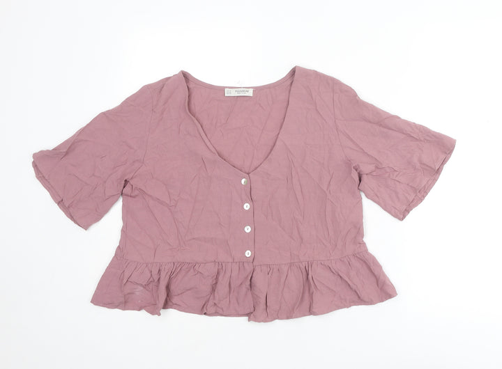Pull&Bear Womens Purple Viscose Basic Blouse Size M V-Neck