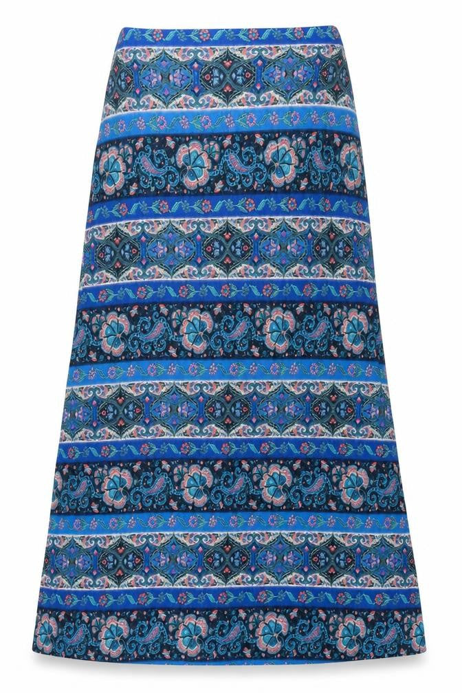 Front view of Monsoon women’s blue paisley viscose a-line, size M, square neck pullover - strapless