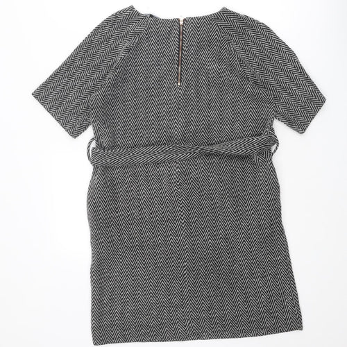 NEXT Womens Black Geometric Polyester Shift Size 12 Boat Neck Zip