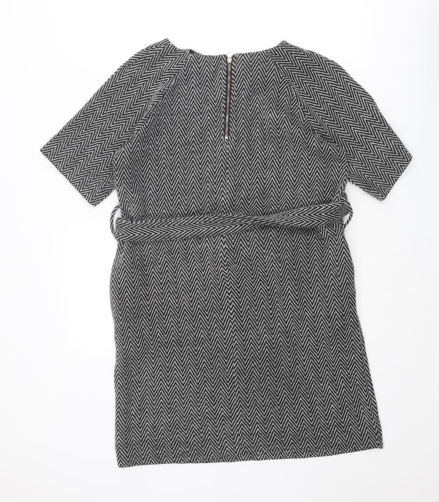 NEXT Womens Black Geometric Polyester Shift Size 12 Boat Neck Zip