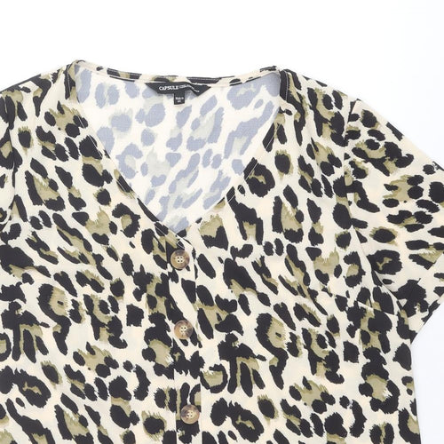 Capsule Womens Beige Animal Print Polyester Basic Button-Up Size 18 V-Neck - Leopard Print