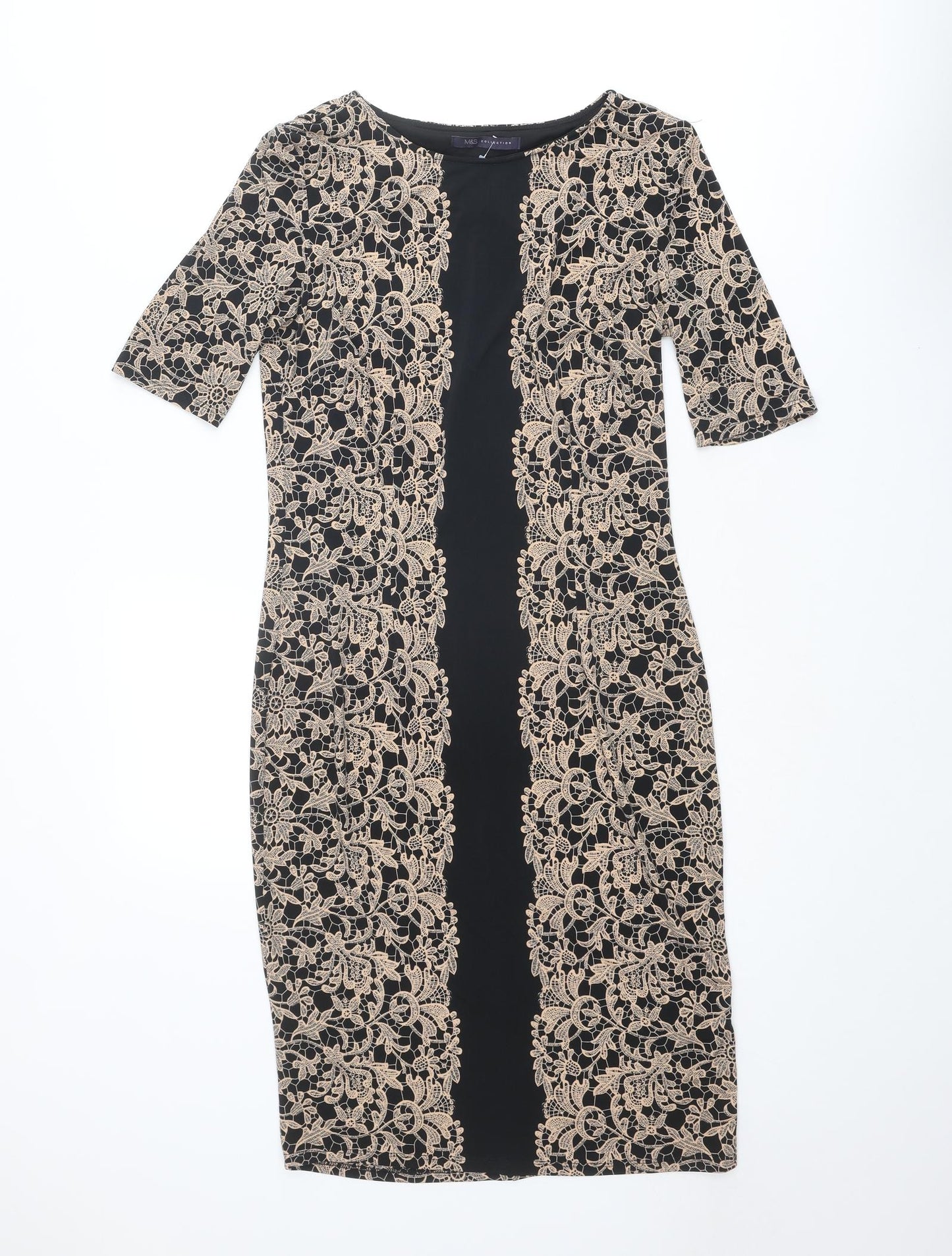 Marks and Spencer Womens Beige Polyester Sheath Size 8 Boat Neck Pullover - Crocheted Lace Overlay