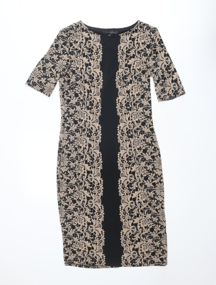 Marks and Spencer Womens Beige Polyester Sheath Size 8 Boat Neck Pullover - Crocheted Lace Overlay