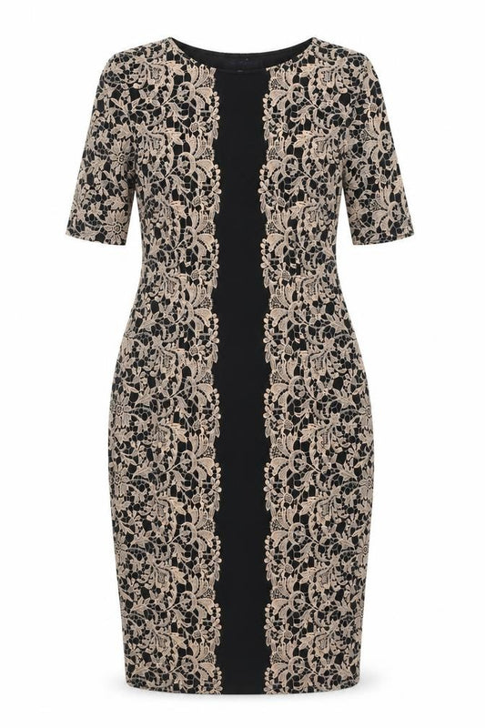 Front view of Marks & Spencer women’s beige polyester sheath, size UK 8, boat neck pullover - crocheted lace overlay