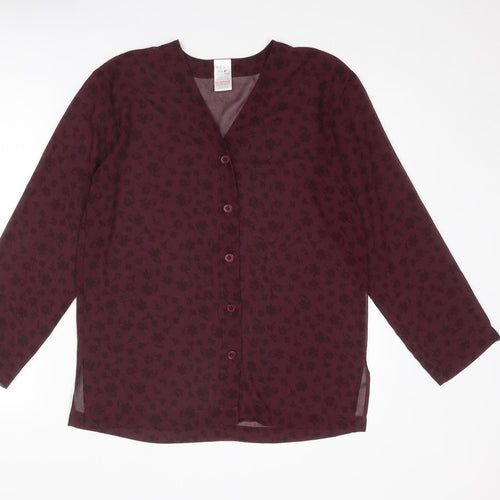 NEXT Womens Purple Floral Polyester Basic Button-Up Size M V-Neck