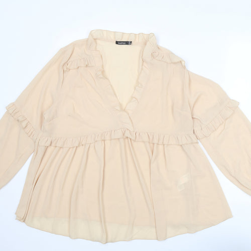 Boohoo Womens Beige Polyester Basic Blouse Size 16 V-Neck