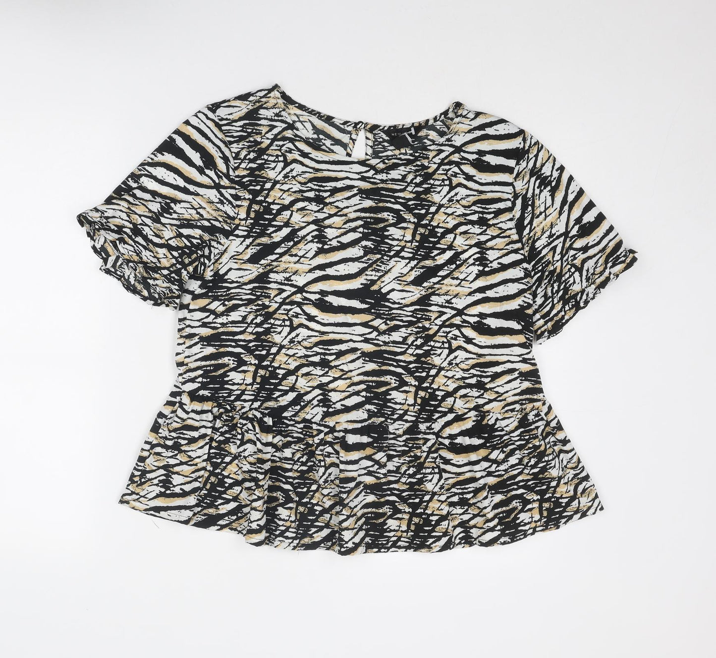 New Look Womens Black Geometric Polyester Basic Blouse Size 12 Round Neck