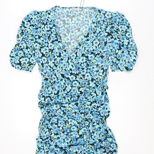 Stradivarius Womens Blue Floral Cotton Mini Size M V-Neck Zip - Size S-M
