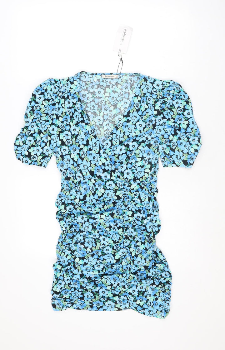 Stradivarius Womens Blue Floral Cotton Mini Size M V-Neck Zip - Size S-M