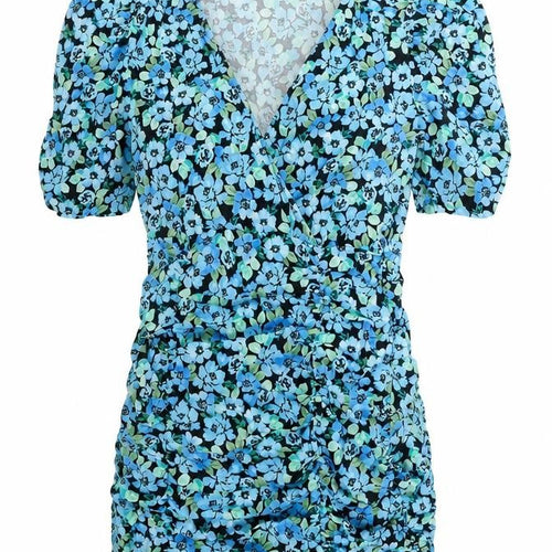 Stradivarius Womens Blue Floral Cotton Mini Size M V-Neck Zip - Size S-M