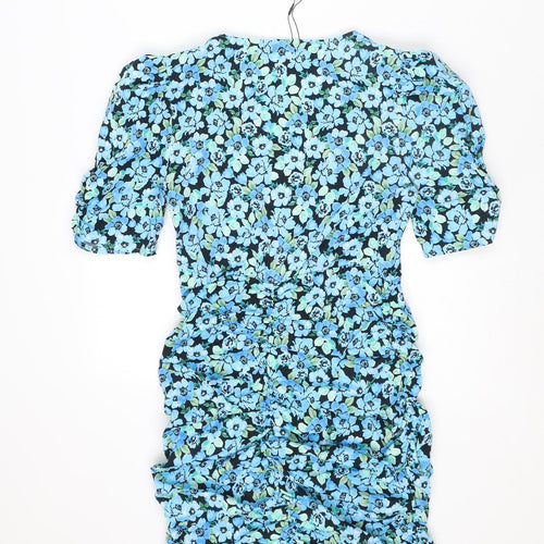 Stradivarius Womens Blue Floral Cotton Mini Size M V-Neck Zip - Size S-M