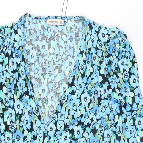 Stradivarius Womens Blue Floral Cotton Mini Size M V-Neck Zip - Size S-M