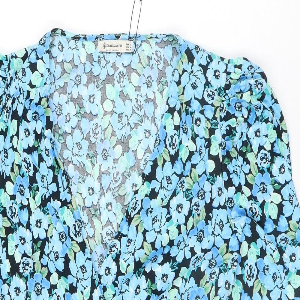 Stradivarius Womens Blue Floral Cotton Mini Size M V-Neck Zip - Size S-M