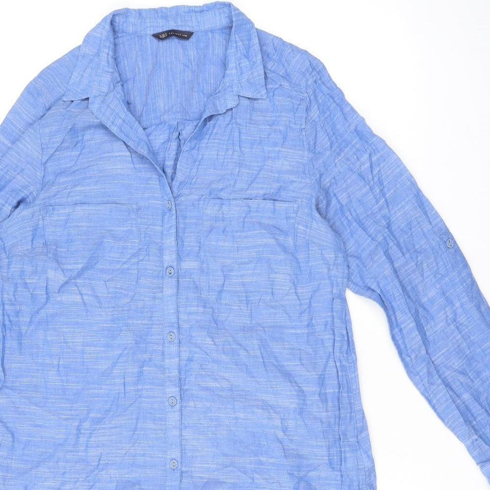 Marks and Spencer Womens Blue 100% Cotton Shirt Dress Size 10 Collared Button