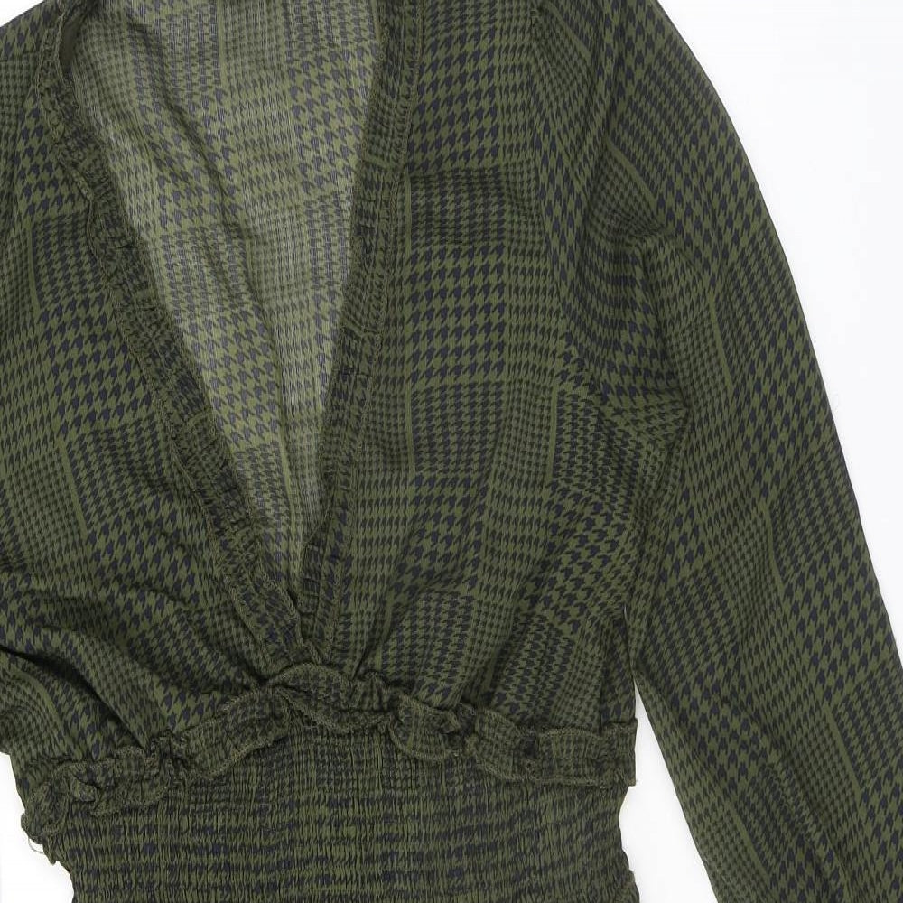 Axara Womens Green Geometric Polyester Fit & Flare Size M V-Neck Pullover