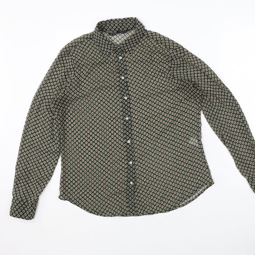 Zara Womens Green Geometric Polyester Basic Button-Up Size L Collared