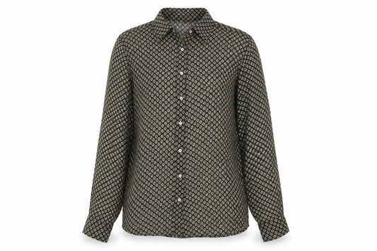 Front view of Zara women’s green geometric polyester basic button-up, size L, collared