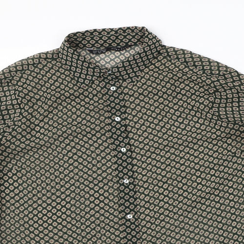 Zara Womens Green Geometric Polyester Basic Button-Up Size L Collared