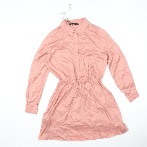 Zara Womens Pink Viscose Shirt Dress Size S Collared Button