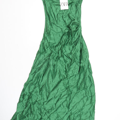 Zara Womens Green Viscose Slip Dress Size XS Cowl Neck Zip