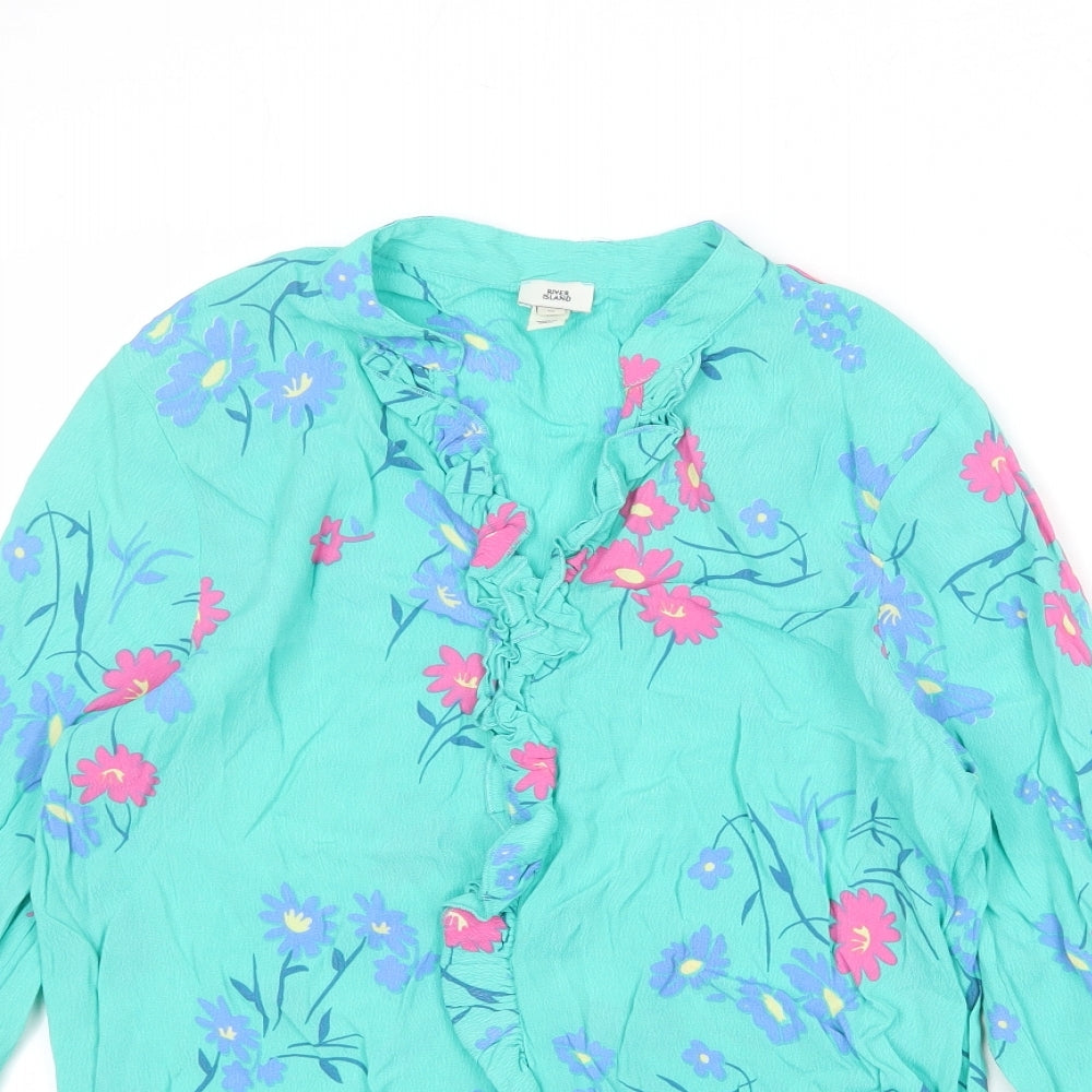 River Island Womens Green Floral Viscose Basic Blouse Size 12 V-Neck