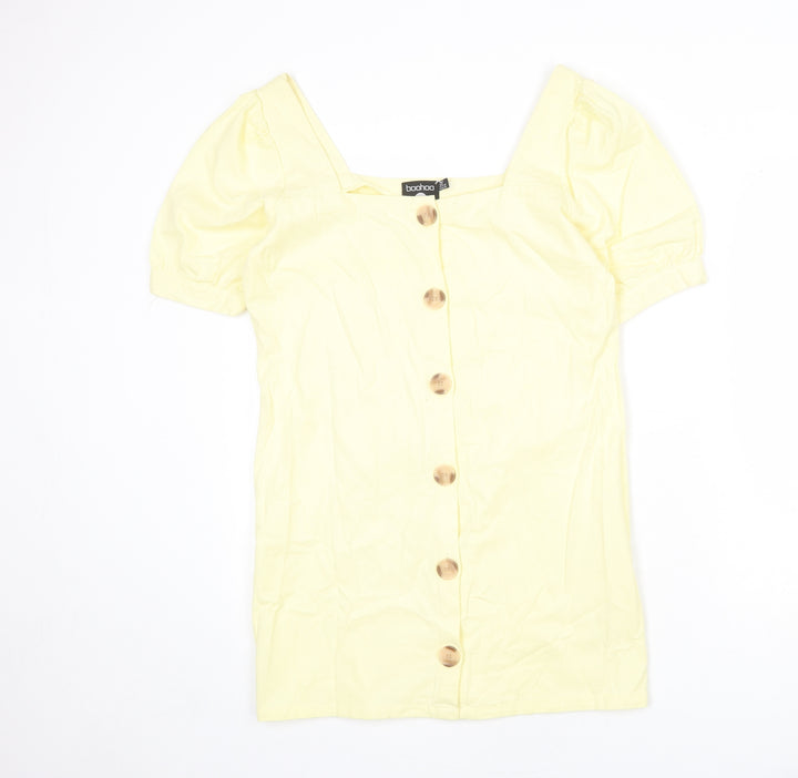 Boohoo Womens Yellow 100% Cotton Mini Size 12 Square Neck Button