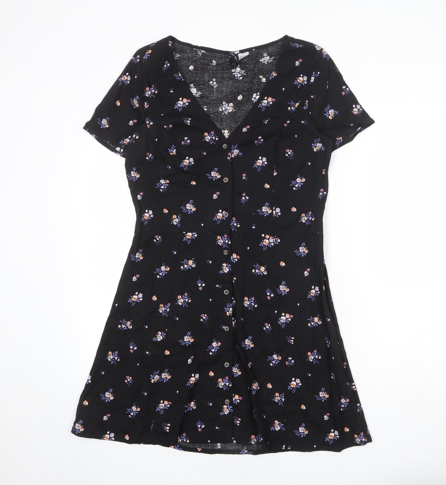 Divided by H&M Womens Black Floral Viscose A-Line Size 12 V-Neck Button