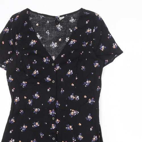 Divided by H&M Womens Black Floral Viscose A-Line Size 12 V-Neck Button