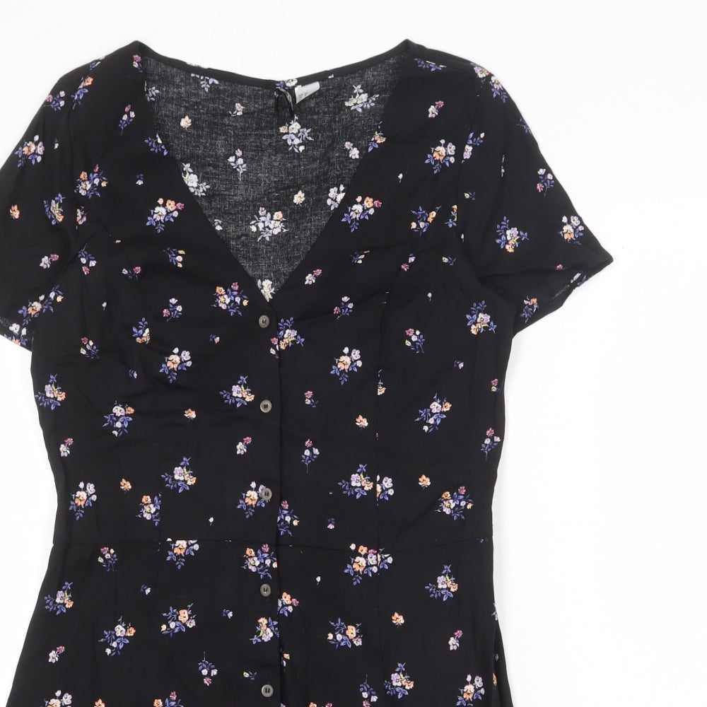 Divided by H&M Womens Black Floral Viscose A-Line Size 12 V-Neck Button