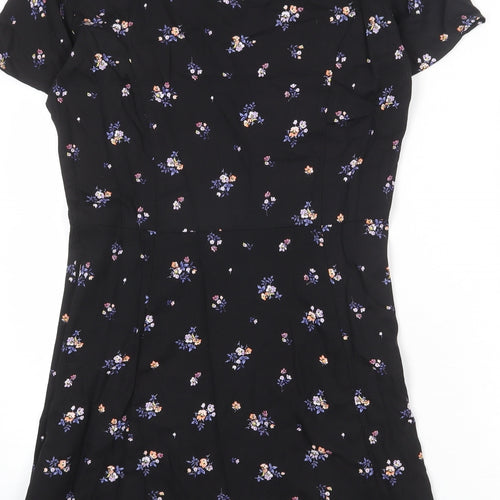Divided by H&M Womens Black Floral Viscose A-Line Size 12 V-Neck Button
