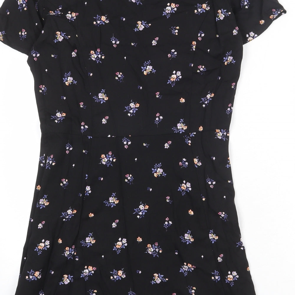 Divided by H&M Womens Black Floral Viscose A-Line Size 12 V-Neck Button