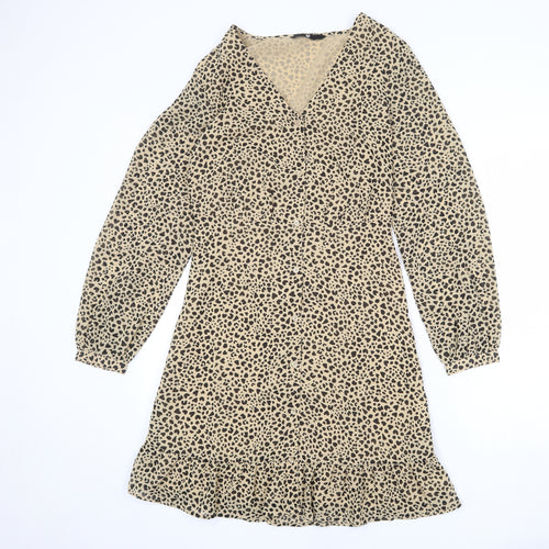 Very Womens Beige Animal Print Polyester A-Line Size 8 V-Neck Button - Leopard pattern