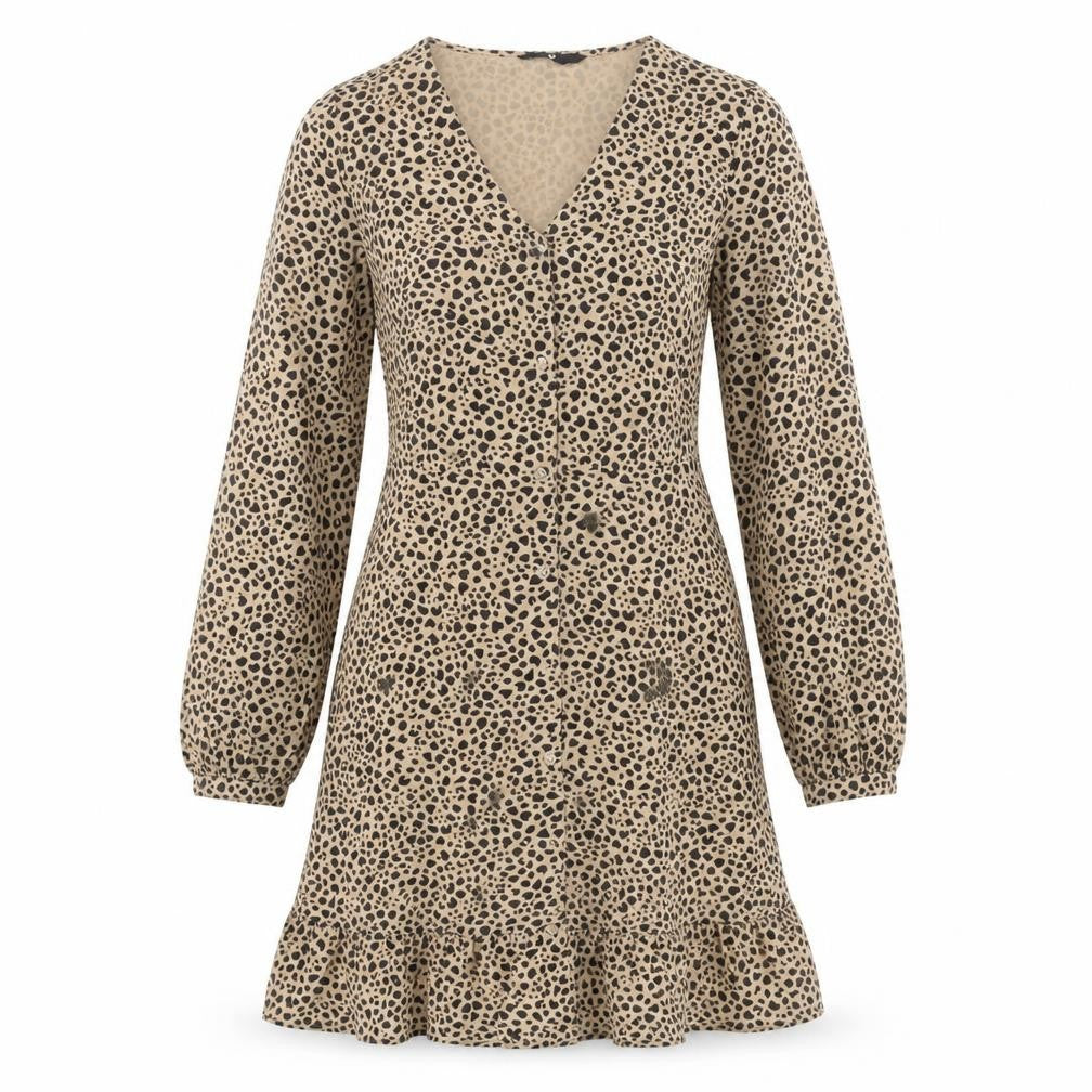 Front view of Very women’s beige animal print polyester a-line, size UK 8, v-neck button - leopard pattern