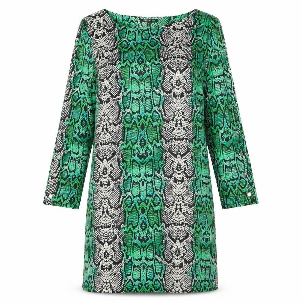 Front view of EDIT women’s multicoloured animal print polyester shift, size UK 14, boat neck pullover - snake print