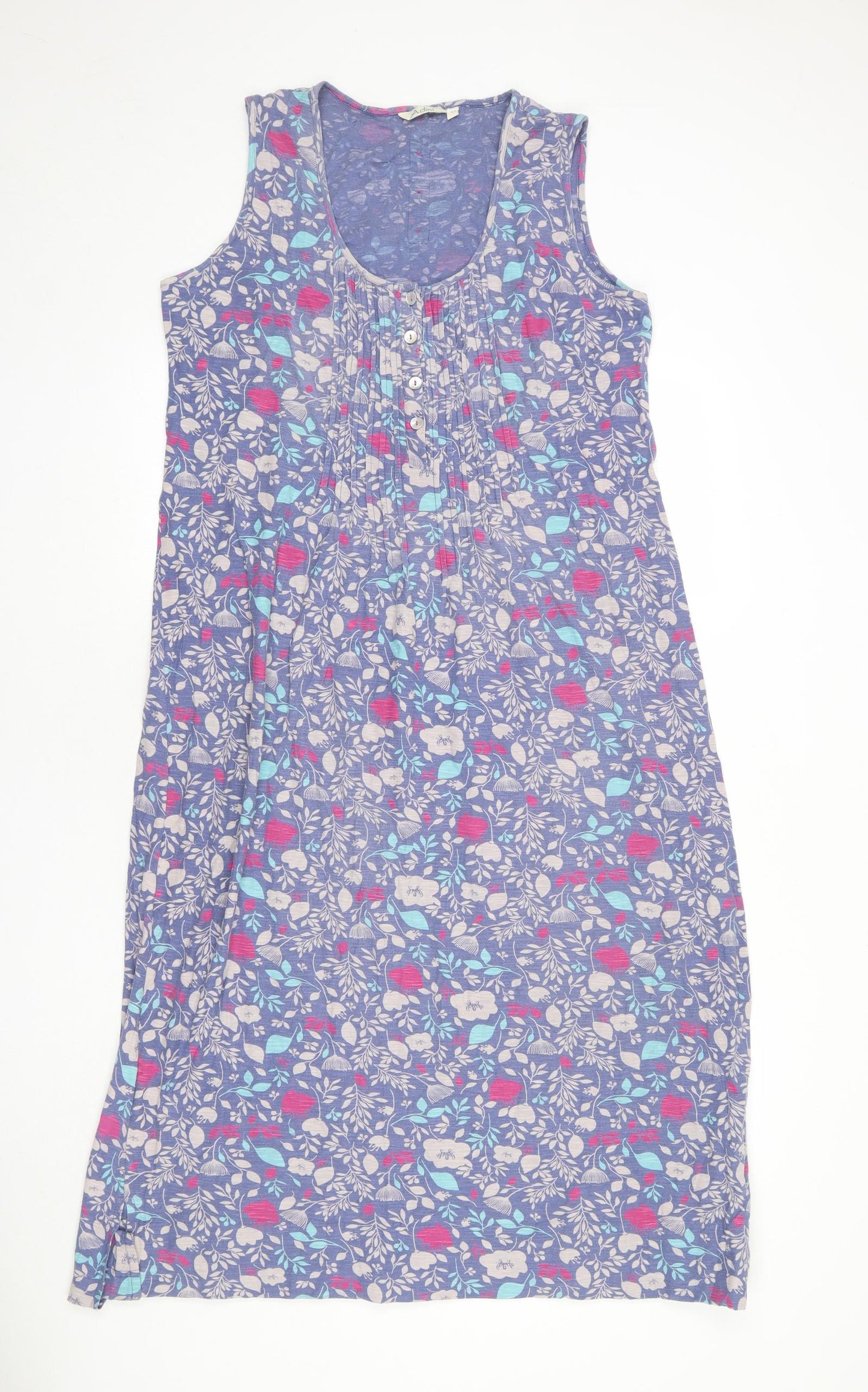 Adini Womens Blue Floral 100% Cotton Tank Dress Size 18 Scoop Neck Button