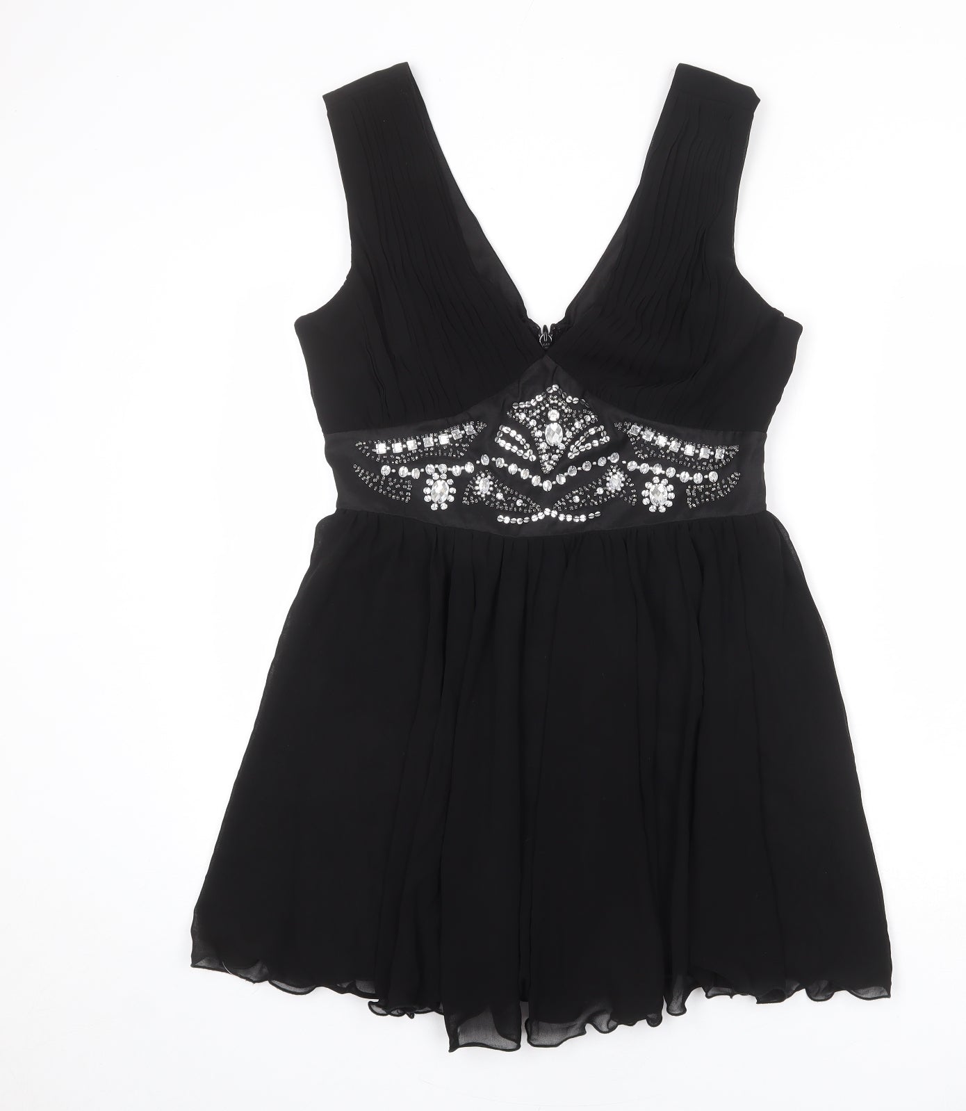 Lipsy Womens Black Polyester Skater Dress Size 14 V-Neck Zip - Embellished