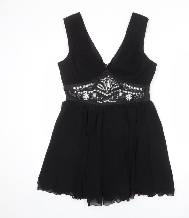 Lipsy Womens Black Polyester Skater Dress Size 14 V-Neck Zip - Embellished