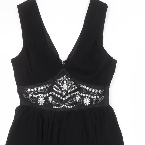 Lipsy Womens Black Polyester Skater Dress Size 14 V-Neck Zip - Embellished