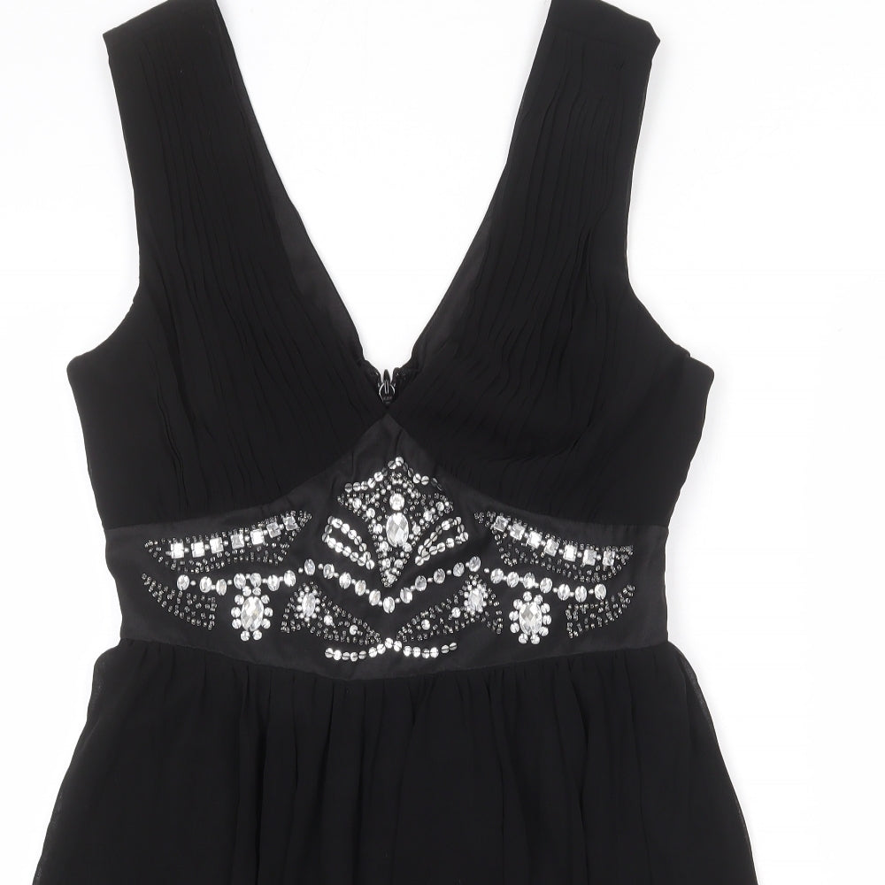 Lipsy Womens Black Polyester Skater Dress Size 14 V-Neck Zip - Embellished