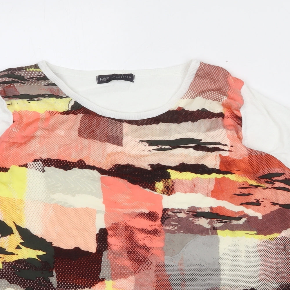 Marks and Spencer Womens Multicoloured Geometric Cotton Basic T-Shirt Size 16 Boat Neck