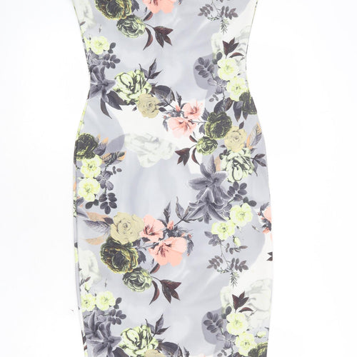 Boohoo Womens Grey Floral Polyester Pencil Dress Size 10 Off the Shoulder Pullover