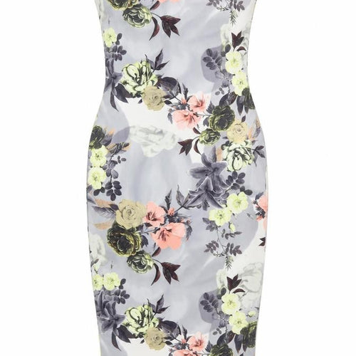 Boohoo Womens Grey Floral Polyester Pencil Dress Size 10 Off the Shoulder Pullover