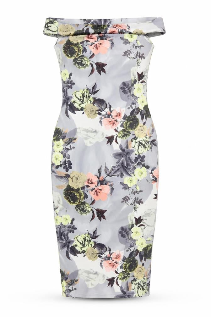 Boohoo Womens Grey Floral Polyester Pencil Dress Size 10 Off the Shoulder Pullover