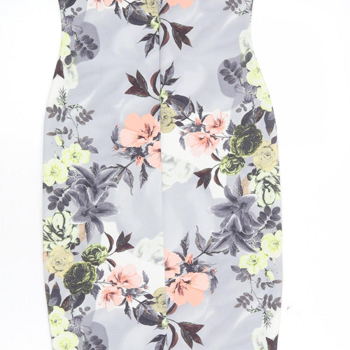 Boohoo Womens Grey Floral Polyester Pencil Dress Size 10 Off the Shoulder Pullover
