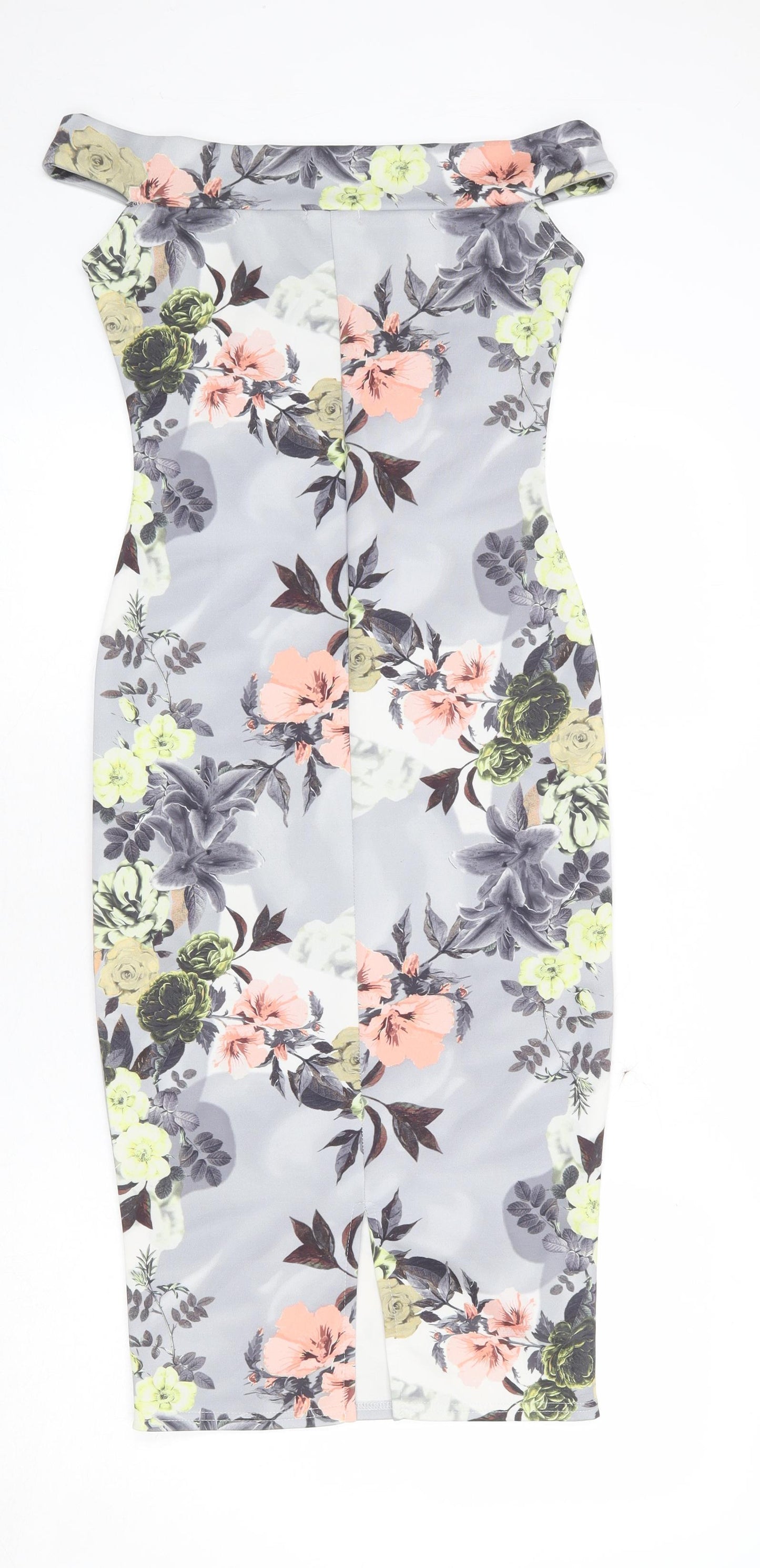 Boohoo Womens Grey Floral Polyester Pencil Dress Size 10 Off the Shoulder Pullover