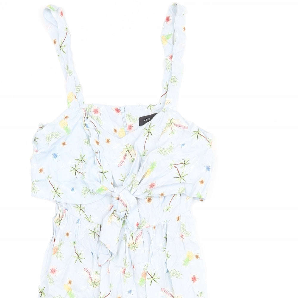 New Look Womens Blue Floral Viscose Tank Dress Size 12 V-Neck Zip