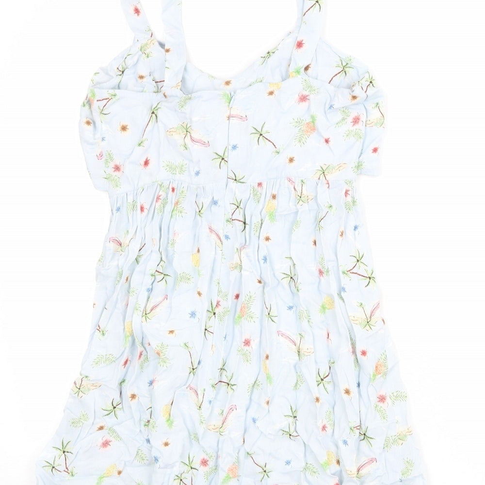 New Look Womens Blue Floral Viscose Tank Dress Size 12 V-Neck Zip